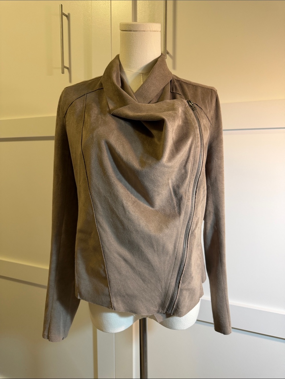 Women’s Faux Suede Taupe Asymmetrical Zip Jacket